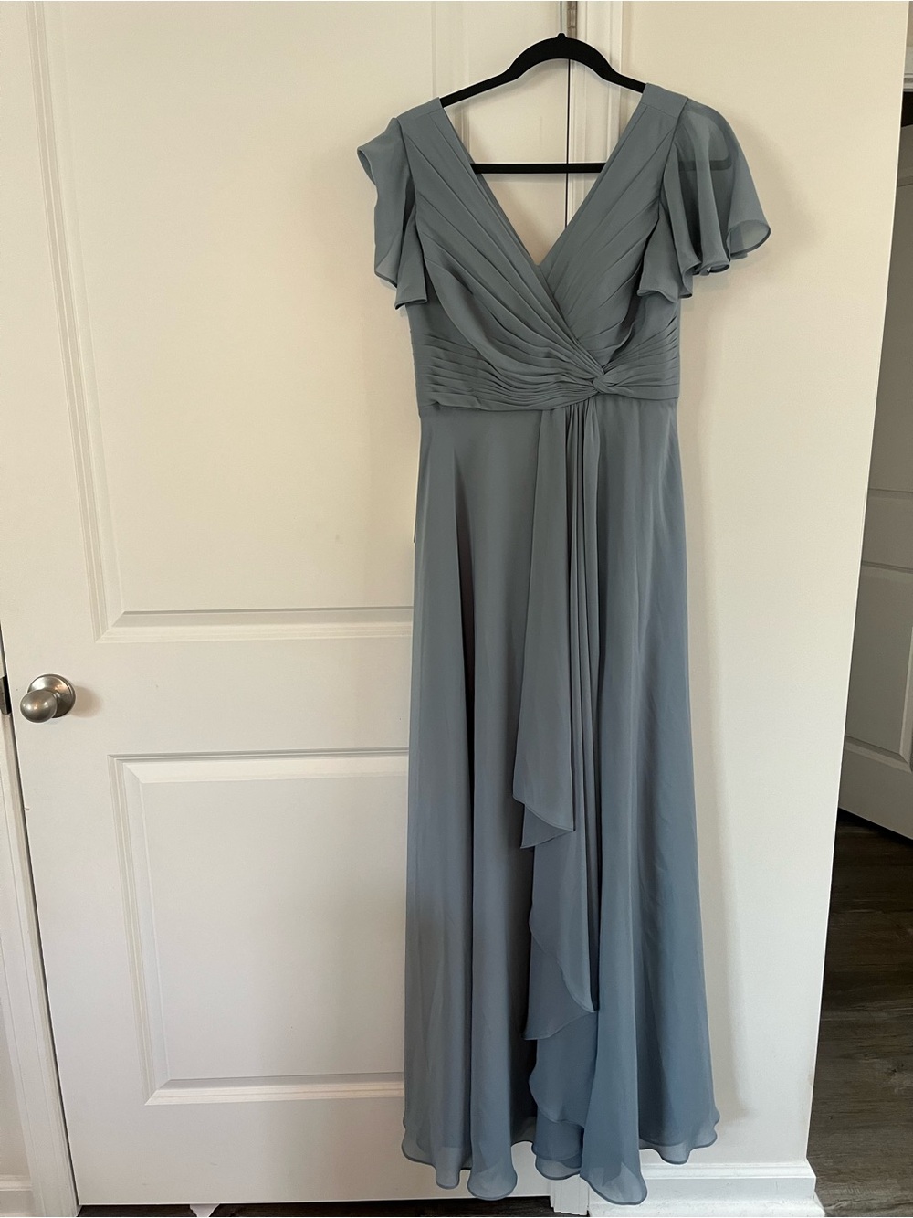 Elegant Slate Blue V-Neck Chiffon Evening Dress bridesmaid formal